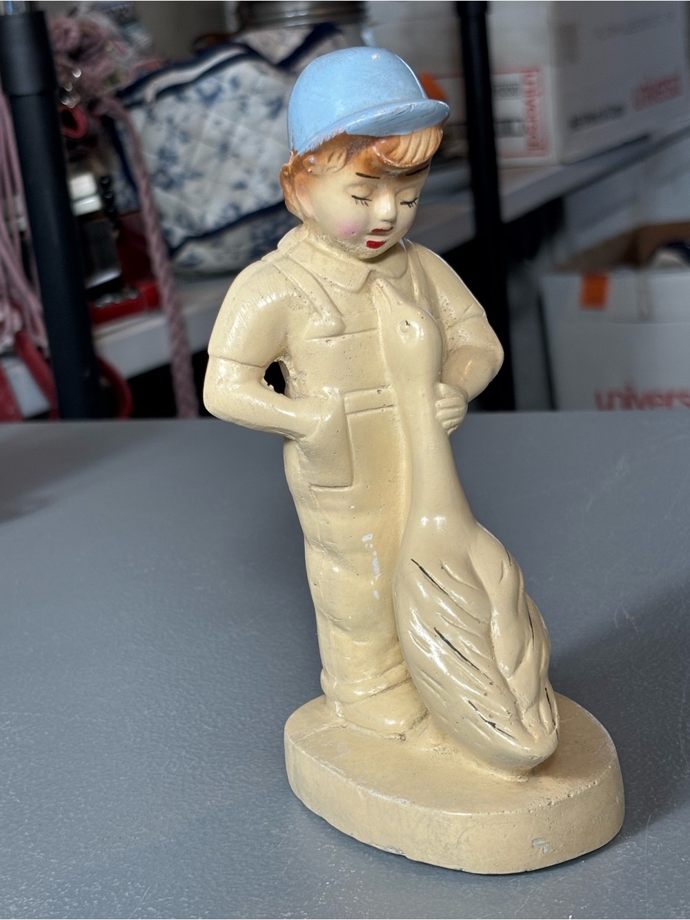 Boy with Goose Figurine Blue Cap Cream Painted Farmhouse Country Decor 7.25”